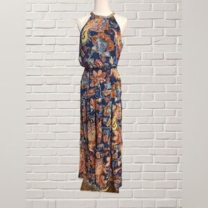 Nicole Miller New York Halter Maxi Dress Navy Floral Print Size 8